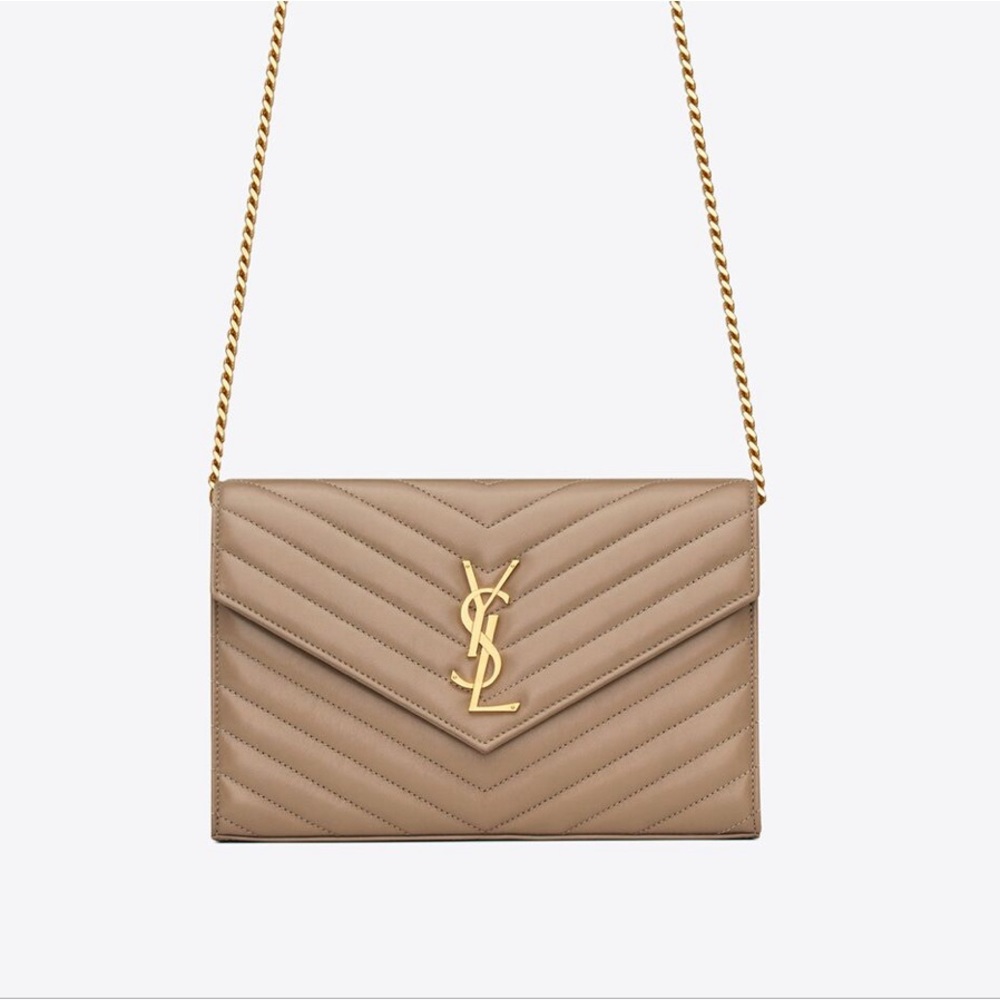 YSL CLASSIC CASSANDRE CHAIN WALLET IN GRAIN DE POUDRE LEATHER (tags, dustbag)